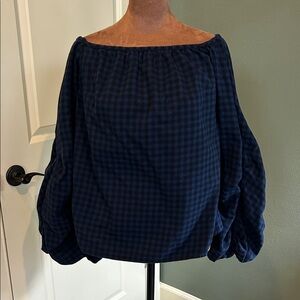 Royal Blue Flannel Plaid Off-Shoulder Women's Top with balloon sleeves  Small